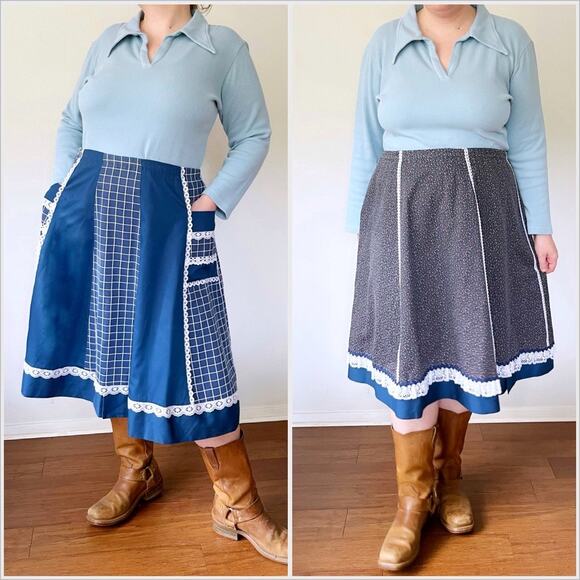 Vintage 70s Reversible Blue Peasant Skirt Midi Lace // Plus Size XXL 1X - Picture 1 of 6